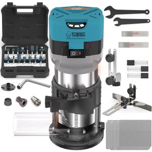 TWOWIN Router Tool, 6.5 Amp 1.25 HP Hand held Wood Router Tool, Compact Palm Trim Router for Woodworking, 6 Variable Speeds Fixed Base Laminate Router Woodworking Tool with Dust Hood 15PCS Router Bits