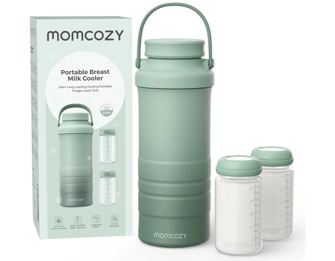 Momcozy 22oz Portable Breast Milk Cooler for Outdoor, Life Saver with 360° Total Cooling for 24 Hours, Larger Capacity Travel Breastmilk Chiller with 2pcs Baby Bottles for Breastmilk Storage, Green