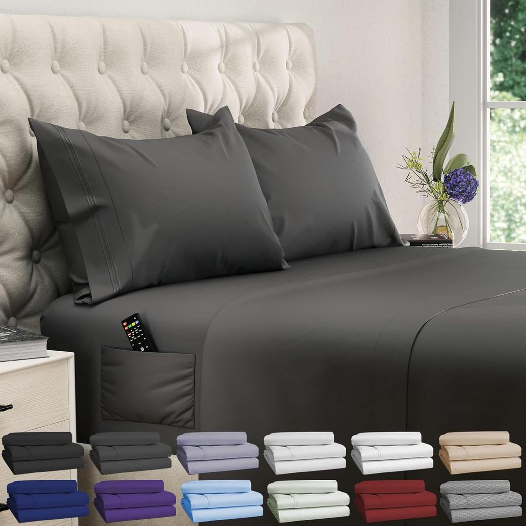 DREAMCARE King Size Sheets Set 4 pcs Super Soft & Lightweight Cooling Sheets up to 21 Deep Pocket King Sheet Set Hotel Luxury Sheets & Pillowcases 100% Fine Microfiber with Side Pocket Gray, King - Extra Deep
