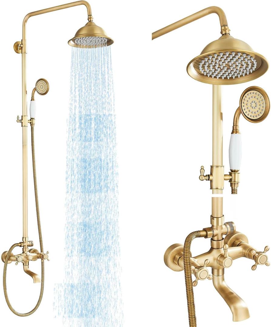 Antique Brass Shower System Bathroom Shower Faucet Set with 8 Inch Shower Head Handheld Spray and 360 ° Rotation Tub Spout 2 Cross Handles Outdoor Shower Fixtures