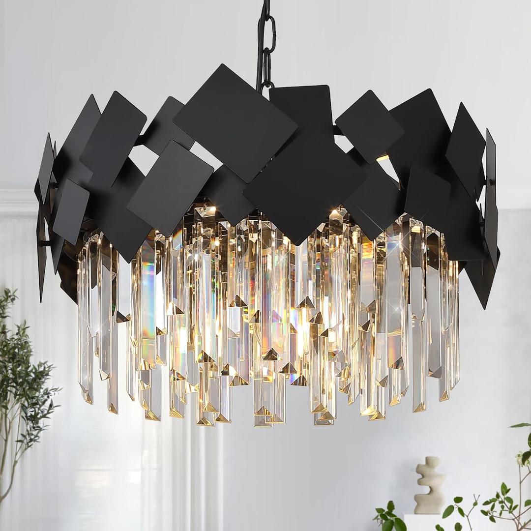 A AXILIXI Modern Crystal Chandelier Black Round Chandelier for Dining Room, Drum Pendant Light Fixture 7-Light 20” Luxury Ceiling Light Contemporary for Entryway Foyer Bedroom
