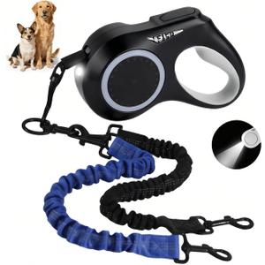 16.4ft Dual Retractable Dog Leash for Medium Dogs 3555 lbs, USB Rechargeable LED Light, 360 Tangle-Free, Detachable Front Lead & Emergency Ready, Reflective Elastic(Black)