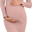 Long Sleeve Maternity Sweater Dress for Fall Winter, Knit Ribbed Maternity Bodycon Dress (Large, Pink)