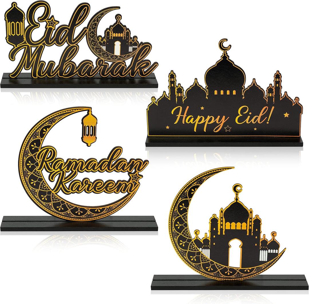 WATINC 2 Pcs Ramadan Wooden Centerpieces Decorations, Eid Mubarak Table Topper Decor, Happy Ramadan Kareem Wood Tiered Tray Signs, Al-Fitr White Gold Detachable Tabletop Party Supplies for Home Kitchen