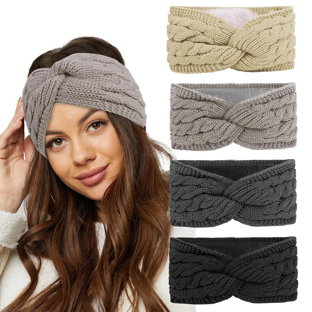 3 x 
CAVETEE Winter Headbands for Women, 4 Pieces Ear Muffs Crochet Soft Lined Elastic Ear Warmers for Women Christmas Gift