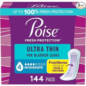 Poise Ultra Thin Incontinence Pads & Postpartum Pads for Bladder Leaks, 4 Drop Moderate Absorbency, Long Length, 144 Count