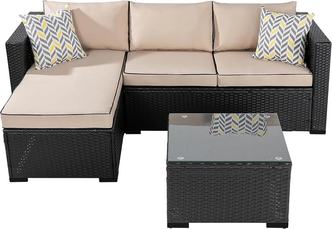 Shintenchi 3 Pcs Patio Furniture Set,Outdoor Sectional Black Wicker Patio Conversation Set,All-Weather Rattan Patio Couch with Washable Cushions and Glass Coffee Table(Khaki)