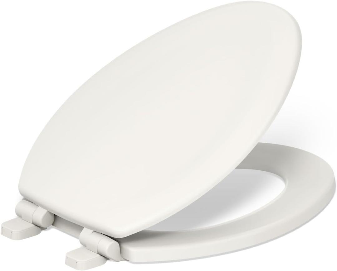 KOHLER Stonewood Quiet-Close, Elongated Toilet Seat Soft Close, Durable Wood, Easy Installation, Universal Fit, Home Essentials, Biscuit Finish, K-20466-96