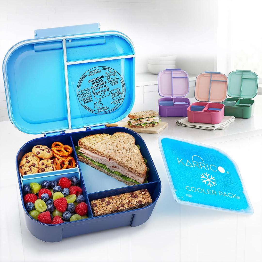 KARRICO Leakproof Lunch Box 3-Compartment Bento Box, Cooler Pack & Adjustable Divider, Extra Large & BPA-Free Dishwasher Safe, Ideal for On-the-Go Meals, Navy & Blue (Blue)