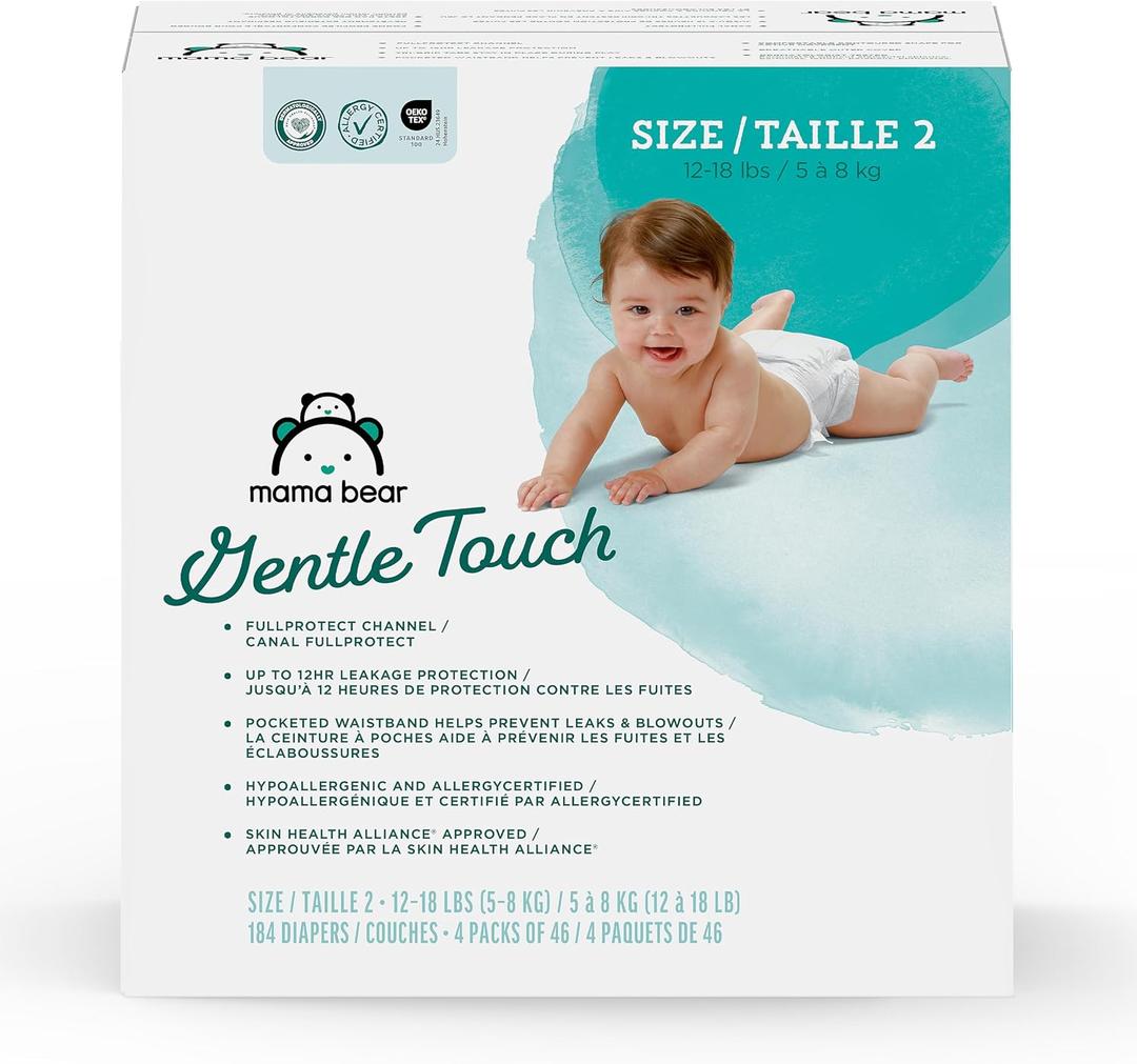 Amazon Brand - Mama Bear Gentle Touch Baby Diapers, Size 2, 184 Count (4 packs of 46), Leak Protection, Wetness Indicator, Formulated Without Fragrance