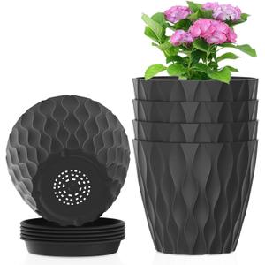 Meowell 4 inch Small Plastic Nursery Pots, Seedling Pots, 5 Set Water Ripples Plant Pots for Indoor Plants, Flower Pots with Drainage Holes and Saucers, Seed Starter Pots for Succulent Plants, Black