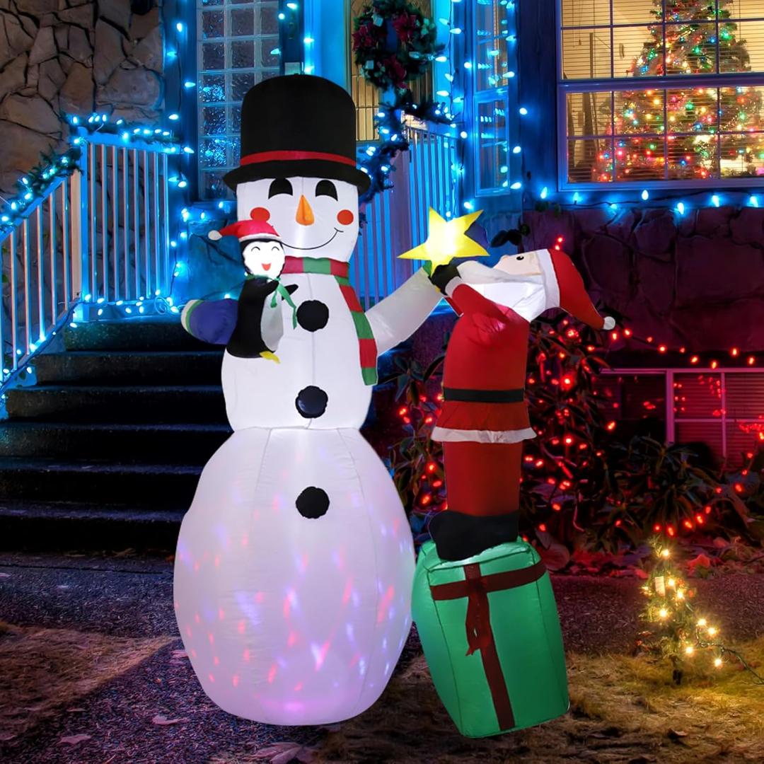 8FT Christmas Inflatable Snowman with Santa Claus Decorations, Waterproof Inflatable Santa Claus Yard Decorations with Rotating LED Lights for Indoor Outdoor Christmas Yard Garden Decorations