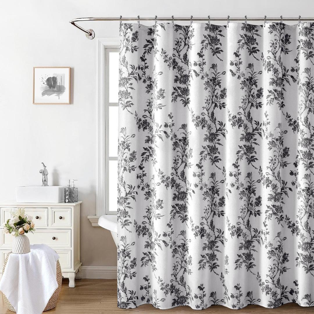Awellife Black and White Shower Curtain,Cotton Floral Cottagecore Spring Shower Curtain for Bathroom 72" W x 72" L
