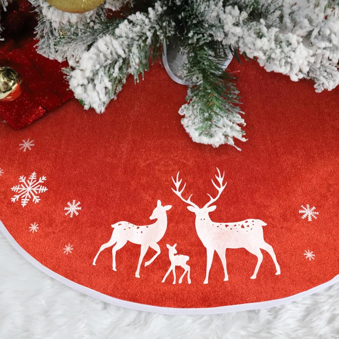 36In Christmas Tree Skirt Polyester Red Christmas Reindeer Family Snowflakes Skirt Soft Tree Mat for Artificial Pencil Xmas Tree Winter Party Gift Home Elk Decoration