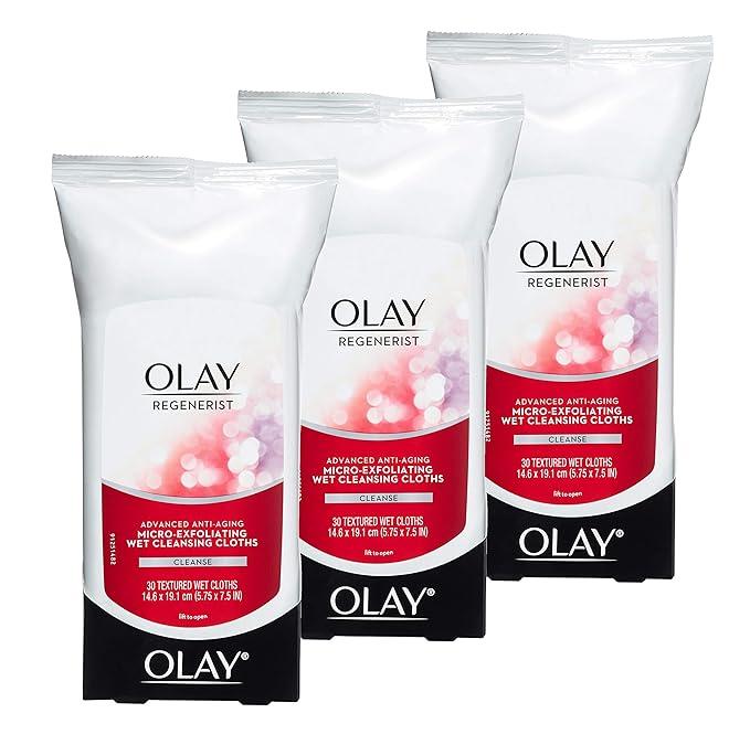 Olay Makeup Remover Wipes, Regenerist MicroExfoliating Wet Cleansing Cloths, Facial Cleanser for Women  Exfoliates, Refreshes, Smooths Texture, Travel Approved, 30 ct  3 Pack