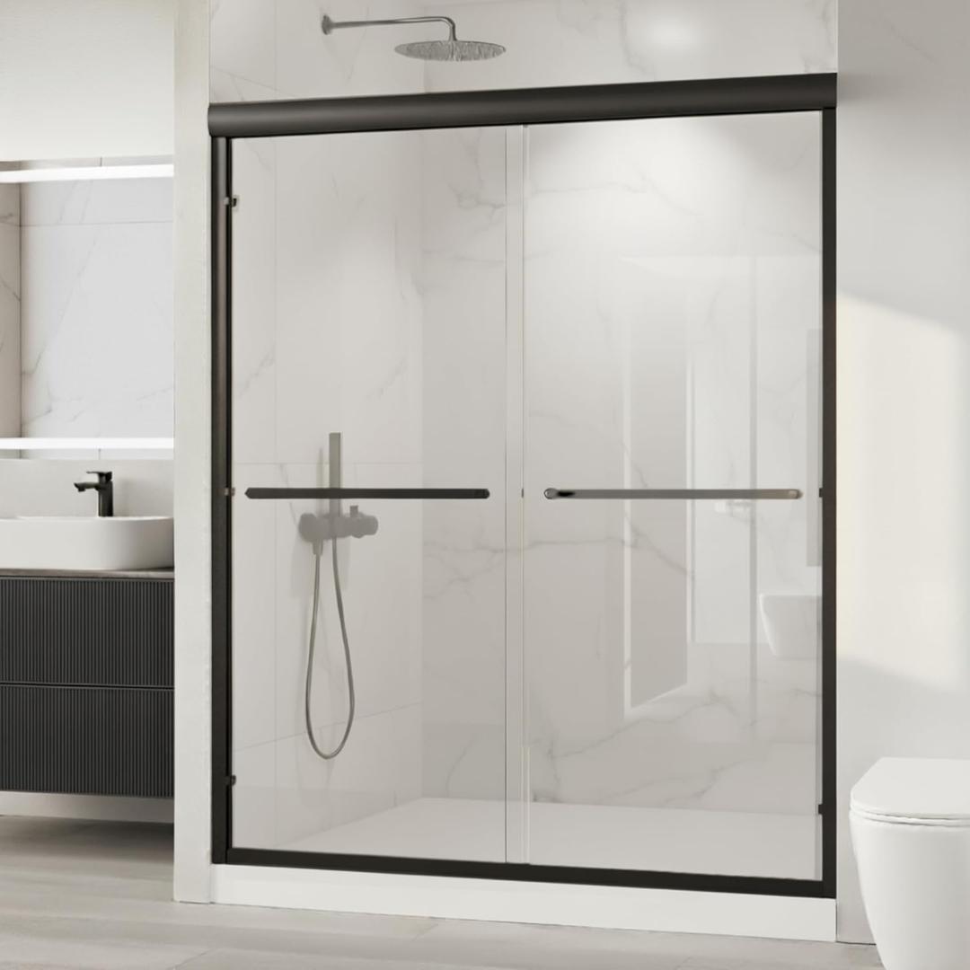 Shower Doors, 5660'' W x 72'' H Sliding Glass Shower Door, Matte Black Aluminum Frame, 1/4'' (6mm) High-Strength Tempered Glass, for Walk-in Showers