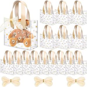 BBTO 16 Pcs Clear Plastic Gift Bags with Handle Transparent Reusable PVC Bags with Fishtail Ribbon for Bridal Party Baby Shower Wedding Shopping, 7.87 x 3.94 x 7.09''(Beige)