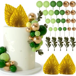 NEBURORA 64 Pcs Balls Cake Toppers and Leaves Decoration Set Mini Balloons for Cake Decorating Supplies Balls Cake decorations for Baby Shower Cake Toppers Birthday Cake Decorations (Green Gold）