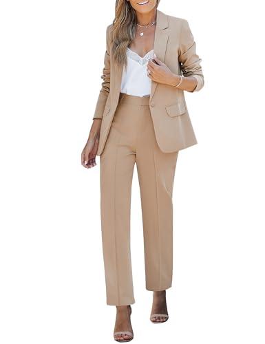 luvamia Women's Two Piece Sets Pants Suits Dressy Business Casual Outfits Professional Blazer Pantsuits Set Work Office Beige Large Fits US 12-14 L