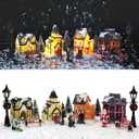 Queekay 17 Pcs Resin Lighted Christmas Village Houses with Figurines Town Set Christmas Village Accessories Collectible Buildings Xmas Winter Decorations for Indoor Room