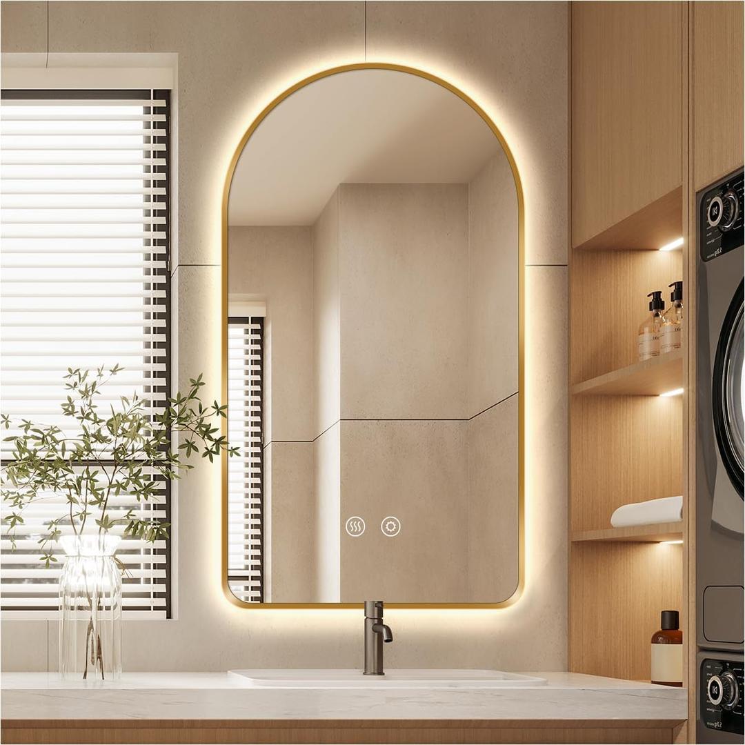40"H x 24"W Arched LED Bathroom Mirror, Brushed Gold Framed Backlit Vanity Mirror with Lights, Wall Mounted Lighted Mirror, Dimmable 3-Color Shatter-Proof Arch Smart Mirror, UL-Listed, CRI 90+