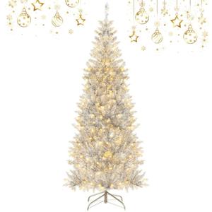 6FT Pre-lit Artificial Silver Tinsel Xmas Tree with 790 Branch Tips 300 LED Lights
