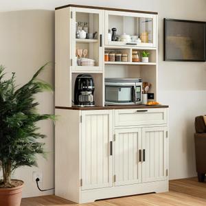 DWVO Tall Kitchen Pantry Storage Cabinet with Power Outlet, Farmhouse Storage Cabinets with Door & Shelves,Kitchen Hutch Buffet Cabinet with Microwave Stand, Walnut White