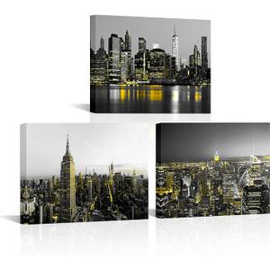FuShvre New York City Wall Art Canvas View of Night Manhattan Skyline Pictures NYC Painting Wall Decor Prints Framed Black and Yellow