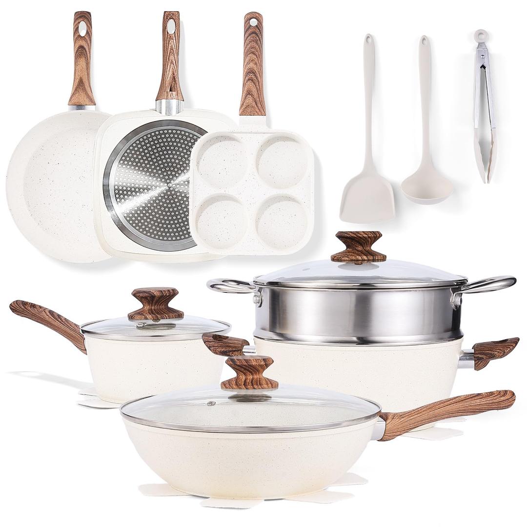 Sweetcrispy 17 Pcs Nonstick Pots and Pans, Non-toxic Kitchen Cooking Set, Induction Kitchen Cookware Sets Non Stick with Stay-Cool Handles, Oven Safe, Beige