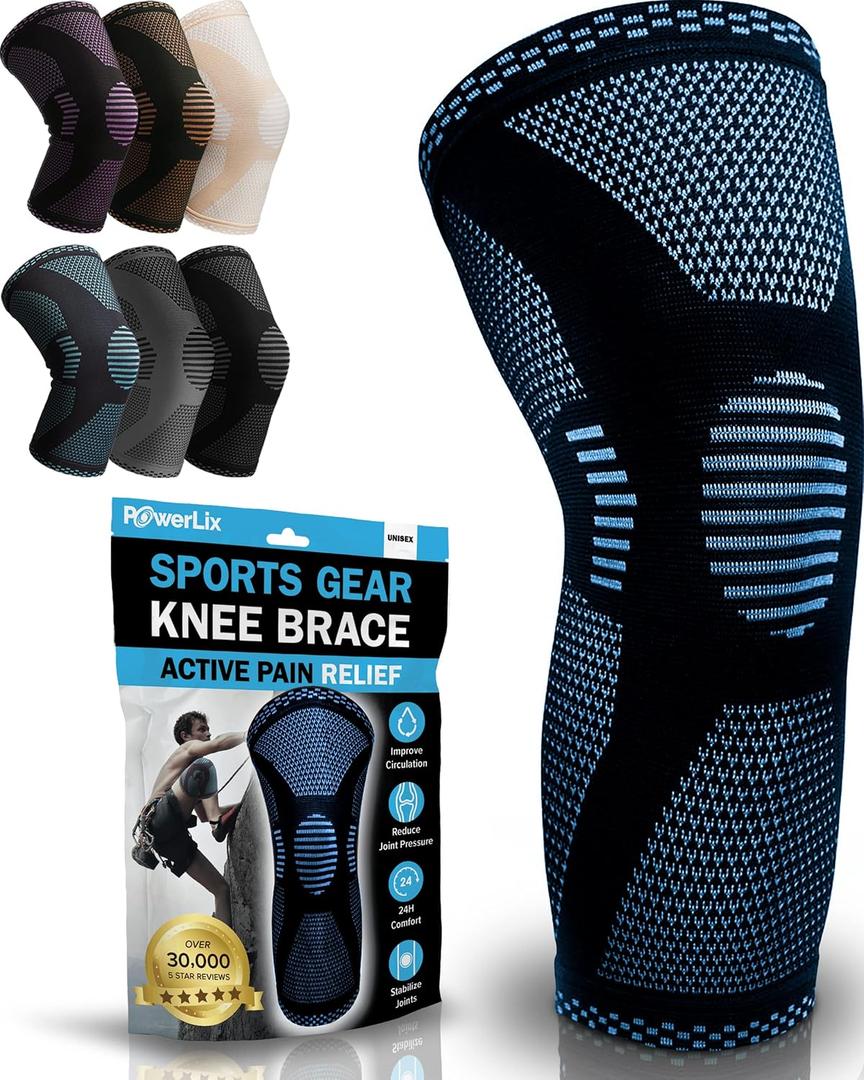 POWERLIX Knee Compression Sleeve - Best Knee Brace for Knee Pain for Men & Women Knee Support for Running, Basketball, Volleyball, Weightlifting, Gym, Workout, Sports - (Light Blue S) (Blue, S)