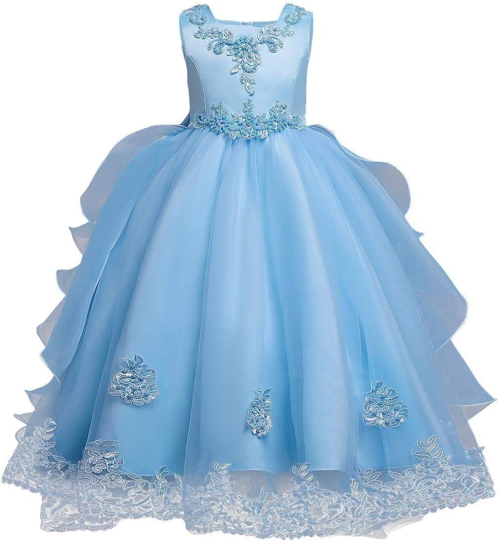 Flower Girl's Dress Princess Puffy Tulle Dresses Bridesmaid Wedding Communion Birthday Party Pageant Maxi Prom Gown for Kids (6-7 Years, Light Blue)