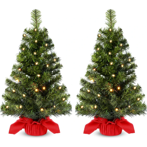 Jenaai 2 Pack Lighted Artificial Mini Christmas Tree 24 Inch Tabletop Christmas Tree with 50 LED Lights, Battery Operated Small Xmas Decoration Home Decor Outdoor Indoor