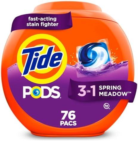 Tide PODS laundry detergent pacs, 3-in-1 Stain Remover, Odor Fighter, Color Protector, 76 Count, HE compatible, Spring Meadow Scent