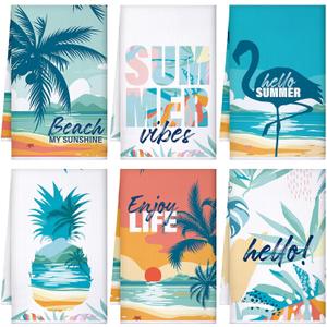 Sratte 6 Pcs Beach Kitchen Towels 24 x 16 Inch Farmhouse Hawaii Flamingo Tea Dishtowels Decorative Absorbent Holiday Hand Bathroom Towel for Kitchen Bathroom Decor Gifts (Blue)