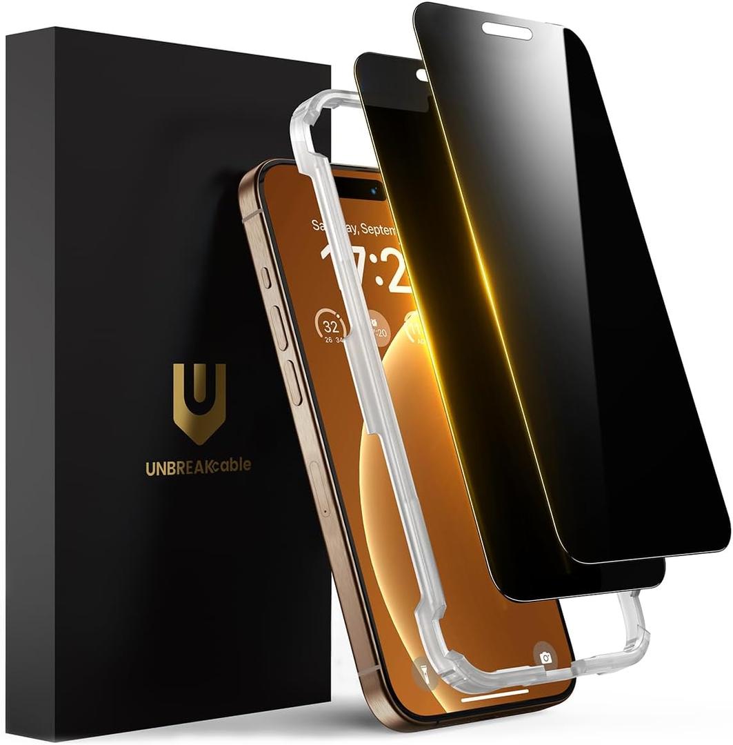 UNBREAKcable Privacy Screen Protector for iPhone 16 Pro, Full Coverage Shatterproof Tempered Glass [True 28Anti Spy] [9H Hardness] [Installation Frame] Private Protector for iPhone 16 Pro - 2 Pack