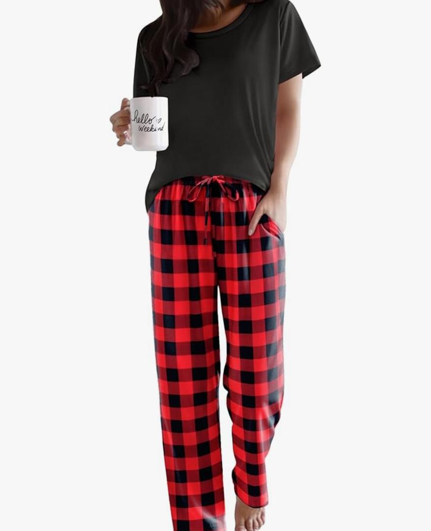 Ekouaer Pajama Sets for Women Round Neck Pjs Short Sleeve Sleepwear with Long Pants Loose Lounge Sets XL