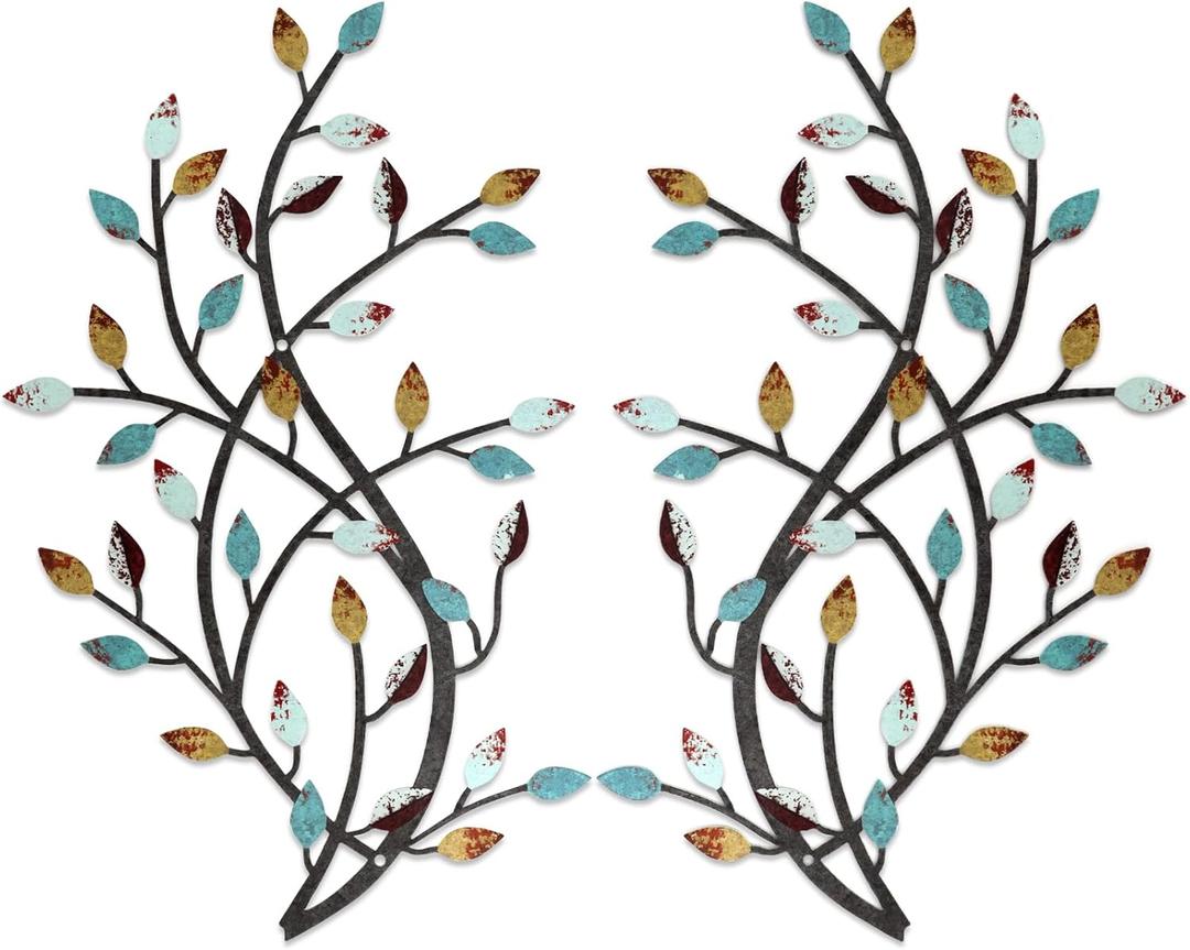 Meltset Metal Tree Leaf Wall Decor, Vine Olive Leaf Branch Wall Art, Wrought Iron Scroll Artwork, Decorative Wall Sculptures Above The Bed, Living Room, Hallway, Indoor and Outdoor S/Farmhouse (15L" x 9.8W")