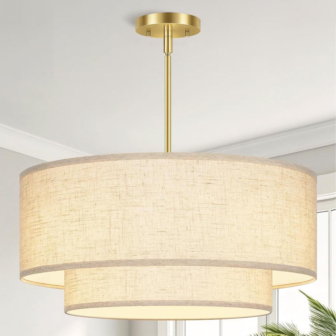 20" Large Modern Drum Chandelier, 2-Layer Linen Fabric Shade Pendant Light