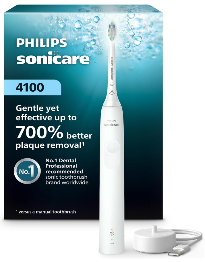 Philips Sonicare 4100 Series Electric Toothbrush  Sonic Toothbrush with Advanced Sonic Technology, Pressure Sensor, Two Intensity Settings, Smartimer & Quadpacer, White, Model HX3681/23