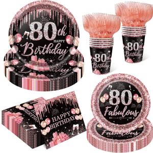 250PCS 80th Birthday Party Decorations for 50 Guests Black and Rose Gold Party Supplies for Women Include Disposable Paper Plates, Napkins, Cups, and Disposable Plastic Cutlery (80)