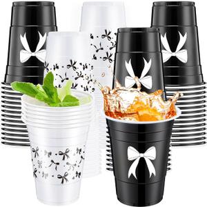 Jingmore 30 Pcs Bow Plastic Cups 16 oz Coquette Birthday Cup in 2 Style Coquette Bow Party Decoration Supplies for Birthday Wedding Baby Shower Bridal Engagement(Black)