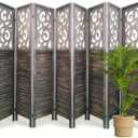 Room Divider, 5.6FT Folding Room Divider Panel, 8 Panel Craved Wood Partition Wall Divider for Room Separation, Rustic Brown
