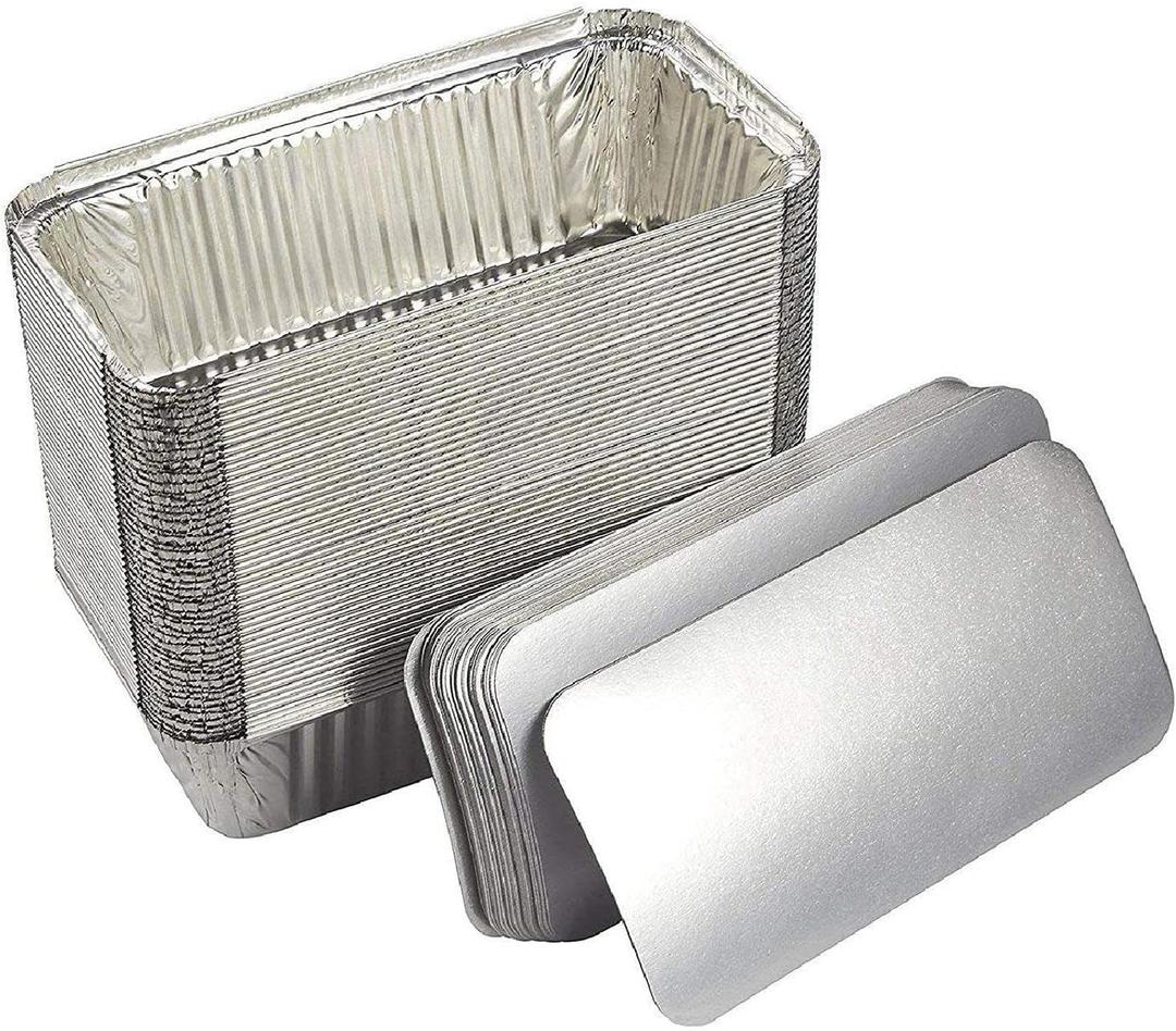 Juvale 50 Pack Aluminum Foil 2 lb Disposable Loaf Pans With Lids for Baking Bread, Heating, Storing Food (32oz, 8.5 x 4.5 In)