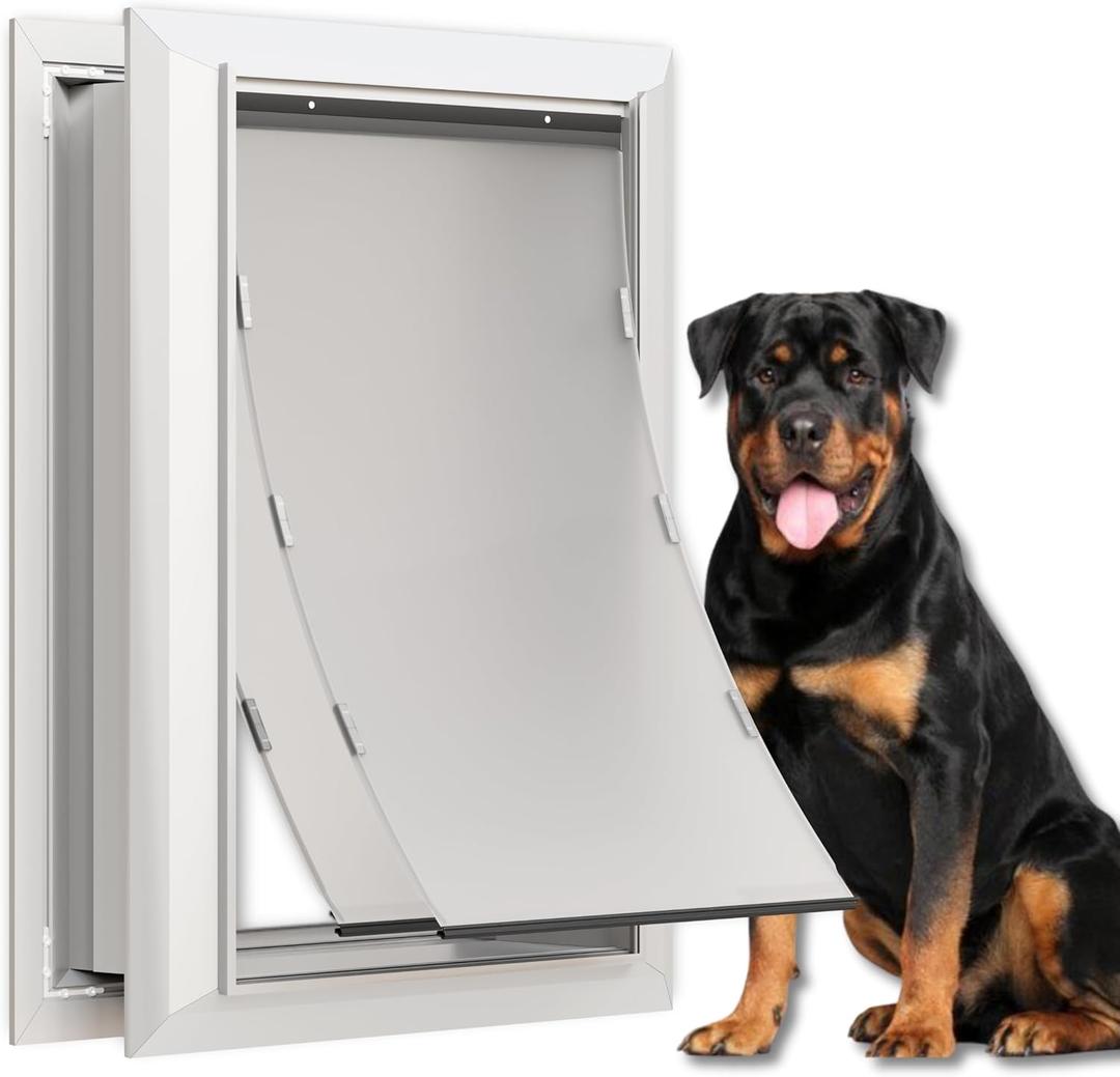 Aluminum Dog Door for Exterior, Cutout Size 14 1/2''W x 25 1/8''H, Heavy Duty Magnetic Double Flap for Extreme Weather, Energy-Efficient, Easy to Assemble, Lockable Panel Included, Sliver (X-Large)