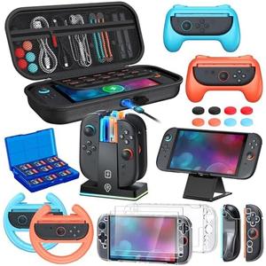 23 IN 1 Case Accessories Bundle for Nintendo Switch 2 2025, WAXITY Travel Carrying Storage Set Kit with Switch 2 Charger Dock, Grips, Steering Wheel for Joycon, Protective Cover, Screen Protector