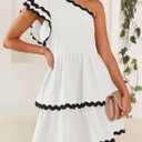 ZESICA Women's 2025 Summer One Shoulder Dresses Ruffle Short Sleeve Tiered Layered Swing A Line Mini Sundress (M)