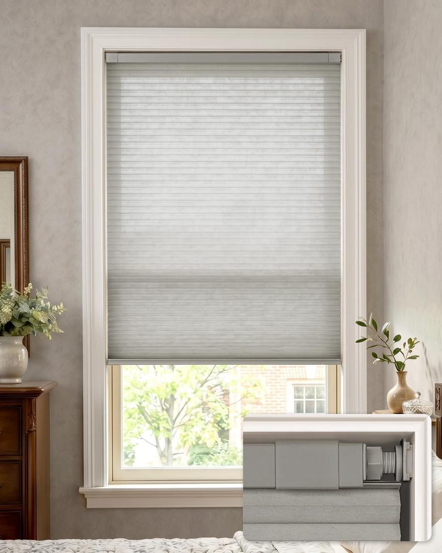 LazBlinds No Drill Light Filtering Cellular Shades, 34"W x 48"H, Dove Grey