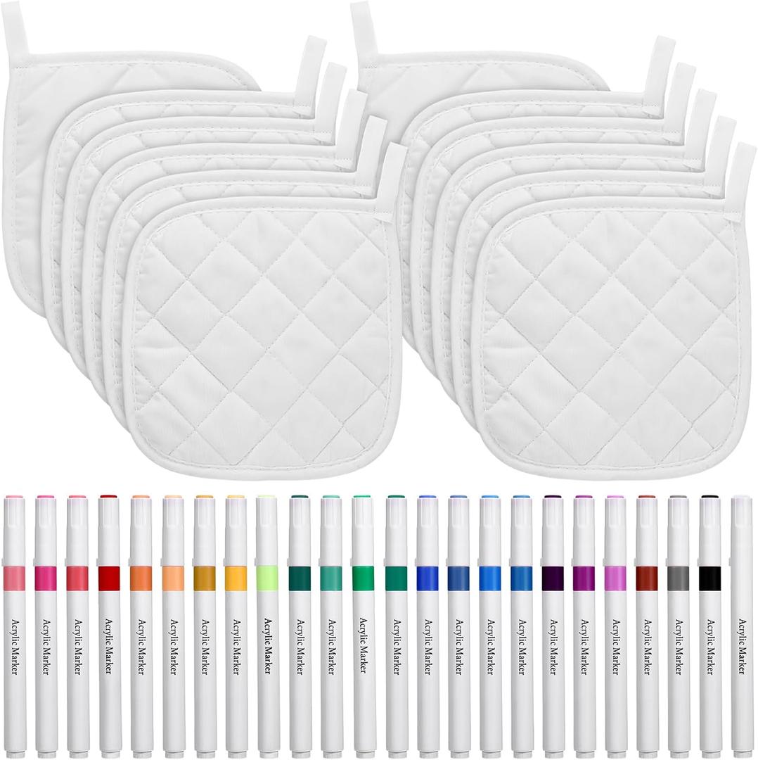 Newtay 36 Pcs Mother's Day Pot Holders Craft Project Set Including 12 White Pot Holders and Oven Mitts with 24 Makers for Kitchen Heat Resistant Cooking and Baking DIY Activities
