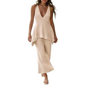 Tankaneo Womens 2 Piece Knit Sets Summer Vacation Outfits Deep V Neck Flowy Tank Tops Wide Leg Pants Sweater Matching Sets, Size XL