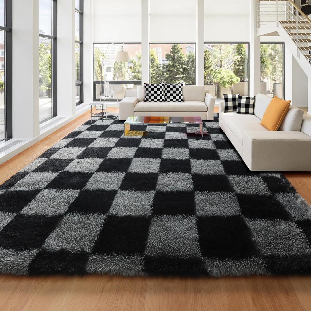 KICMOR 8x10 Area Rugs for Living Room, Large Fluffy Soft Black and Grey Checkered Shag Shaggy Bedroom Carpet, Big Fuzzy Plush Floor Rug for Kids Boys Girls Room Dorm Nursery Home Decor Aesthetic